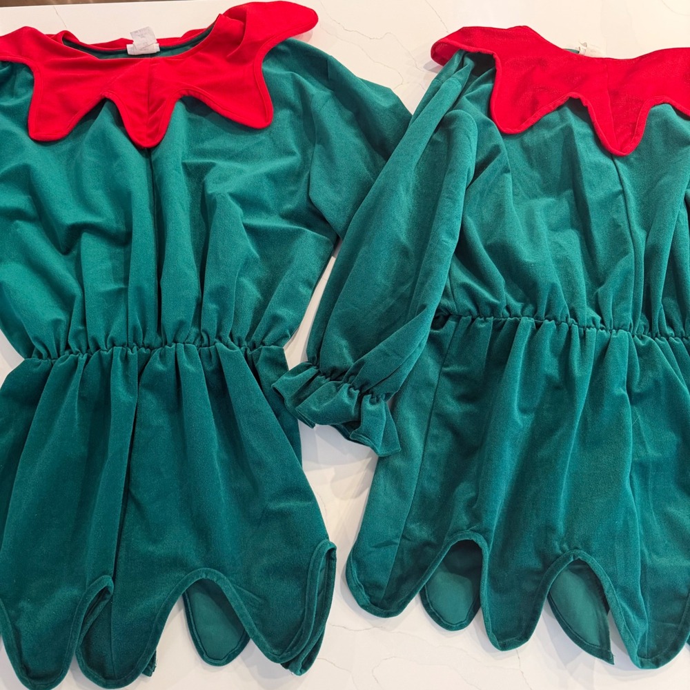 Adult Jester Elf Costume Tunic Green Red Velvet Scalloped Large Made in USA